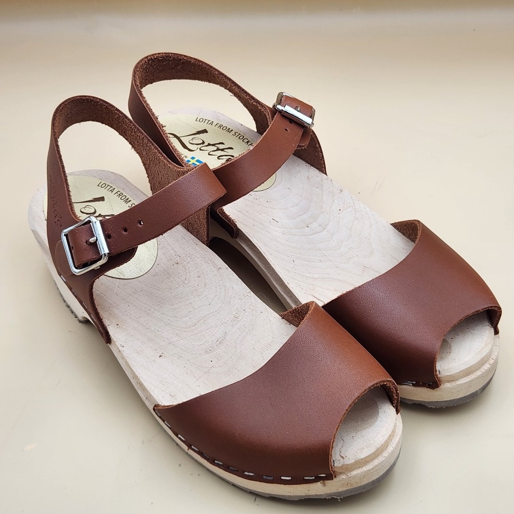 Lotta From Stockholm Swedish Open Toe Wooden Brown Clog Sandals Torpatoffeln 38